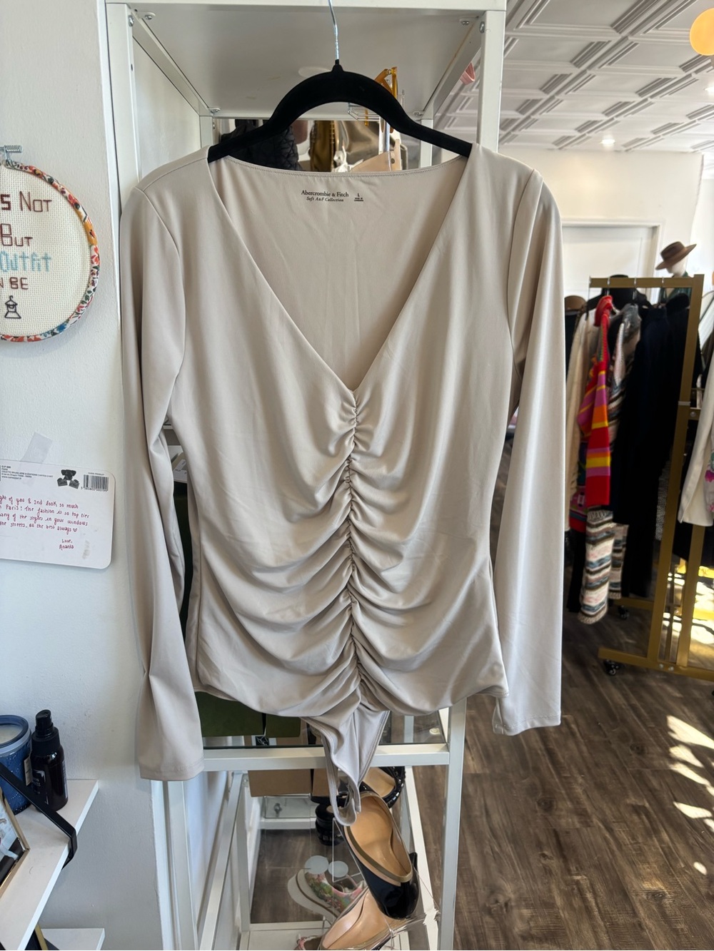 Abercrombie & Fitch Ruched V-Neck Long-Sleeve Bodysuit in Light Taupe